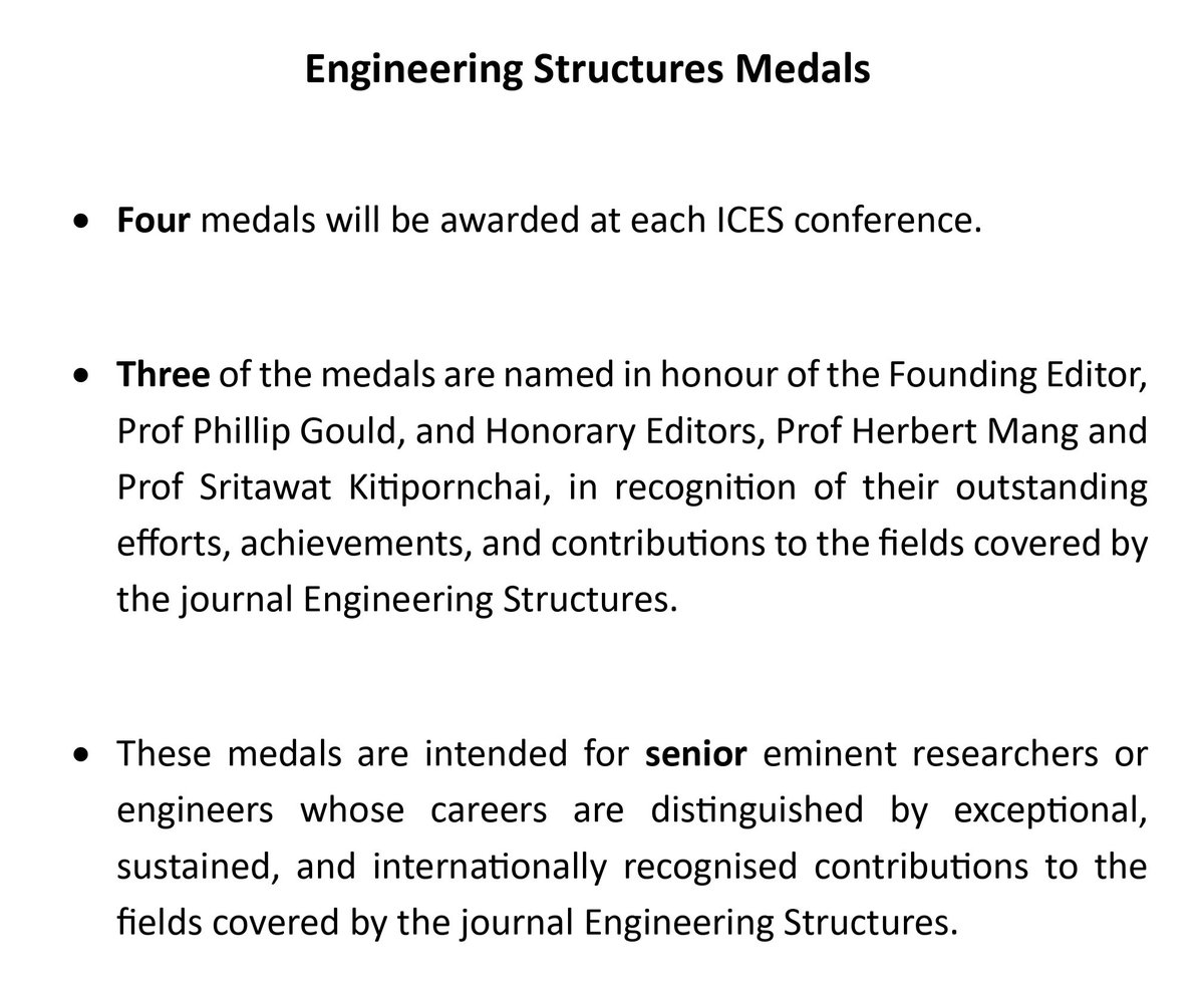 Eng_structures's tweet photo. We are pleased to announce that Engineering Structures has established a series of Medals and Prizes to recognise outstanding contributions to structural engineering research and practice. https://t.co/Z9K0EtF52O