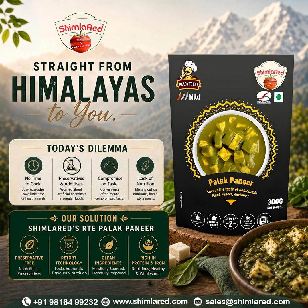 ShimlaRed's tweet photo. 𝐒𝐡𝐢𝐦𝐥𝐚𝐑𝐞𝐝’𝐬 𝐑𝐞𝐚𝐝𝐲-𝐭𝐨-𝐄𝐚𝐭 𝐏𝐚𝐥𝐚𝐤 𝐏𝐚𝐧𝐞𝐞𝐫 brings you a wholesome, preservative-free solution, crafted with care in the Himalayas using 𝐚𝐝𝐯𝐚𝐧𝐜𝐞𝐝 𝐫𝐞𝐭𝐨𝐫𝐭 𝐭𝐞𝐜𝐡𝐧𝐨𝐥𝐨𝐠𝐲.

Explore more: https://t.co/jlauxZTlUL 

#ShimlaRed #PalakPaneer https://t.co/D2mIpu59ky