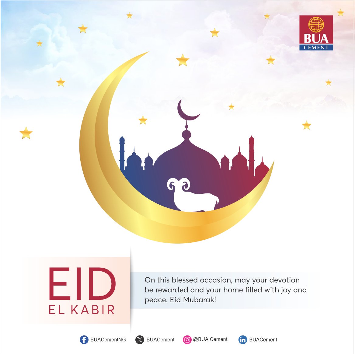 BUACement's tweet photo. On this blessed occasion, may your devotion be rewarded and your home be filled with joy and peace.

Eid Mubarak!

#BUACement #TheKingofStrength https://t.co/XLJqTkQGdn