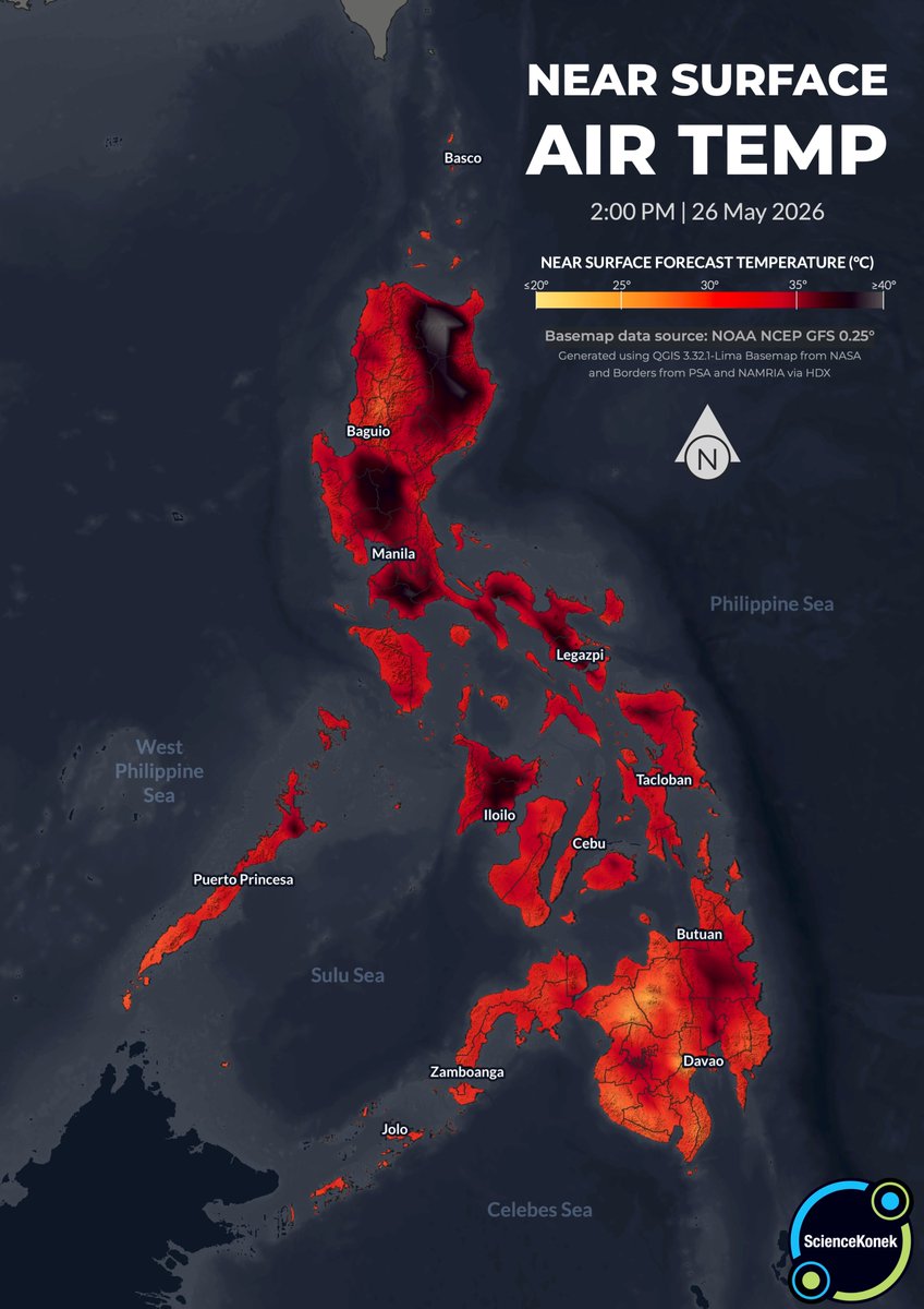 sciencekonek's tweet photo. 𝗥𝗔𝗠𝗗𝗔𝗠 𝗡𝗜𝗬𝗢 𝗕𝗔 𝗔𝗡𝗚 𝗜𝗡𝗜𝗧? 🥵

Matindi pa rin ang init sa #Luzon, habang naiibsan na sa malaking bahagi ng #Visayas at #Mindanao dahil sa mga makulimlim na panahon na dala ng southwesterly windflow at trough ng LPA. #TagInit2026 https://t.co/0PIIE62JcK