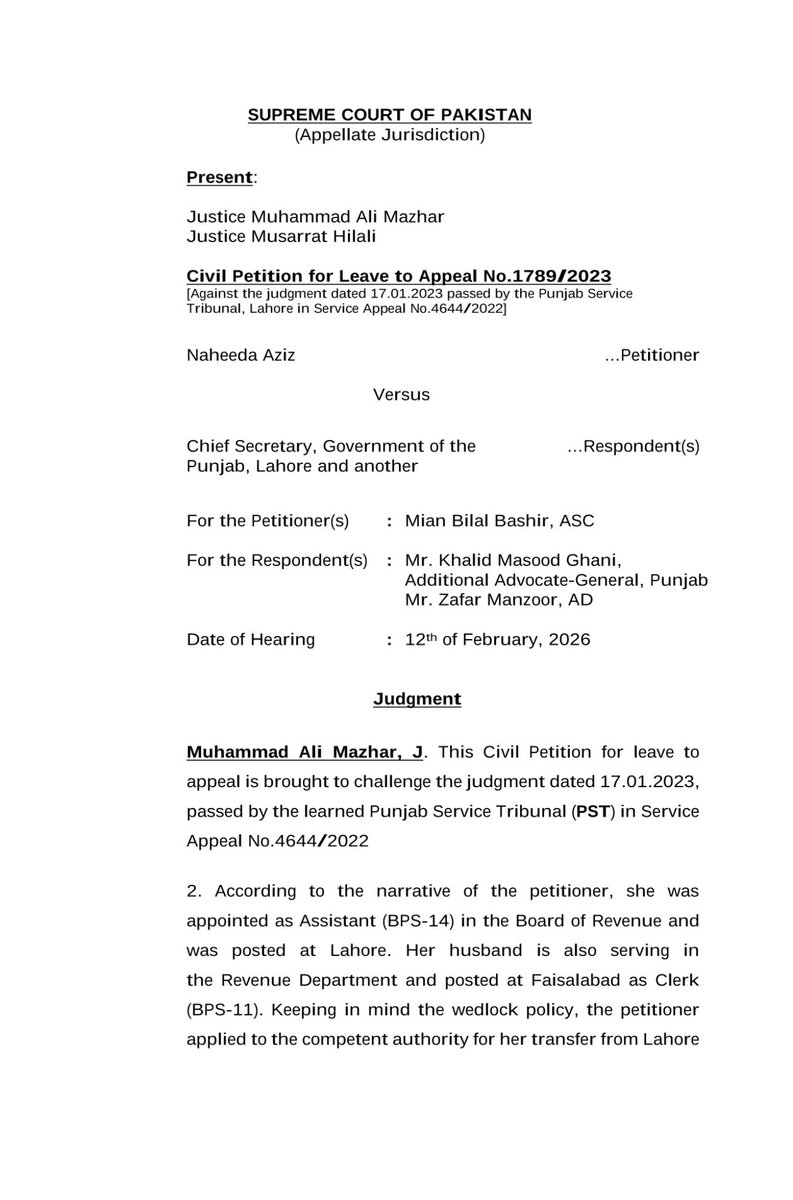adv_zarak's tweet photo. In a recent judgment of Supreme Court of Pakistan in case titled Naheeda Aziz vs Chief Secretary etc on dated 12-02-2026, a bench comprising of Justice Muhammad Ali Mazhar and Justice Mussarat Hilali have ruled on the following points!

(1) Wedlock policy of Federal Government https://t.co/osetm5Sidr