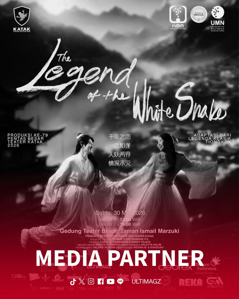 ultimagz's tweet photo. Kisah cinta abadi yang diuji takdir, perbedaan dunia, dan kekuatan yang berusaha memisahkan.

📅Sabtu, 30 Mei 2026
🕐Show 1: 13.00 WIB
🕖Show 2: 19.00 WIB
📍Teater Besar, Taman Ismail Marzuki

TIKET: https://t.co/GlafnfxvcM!

#InfoTeater #TeaterJakarta https://t.co/u4yWErHG6t