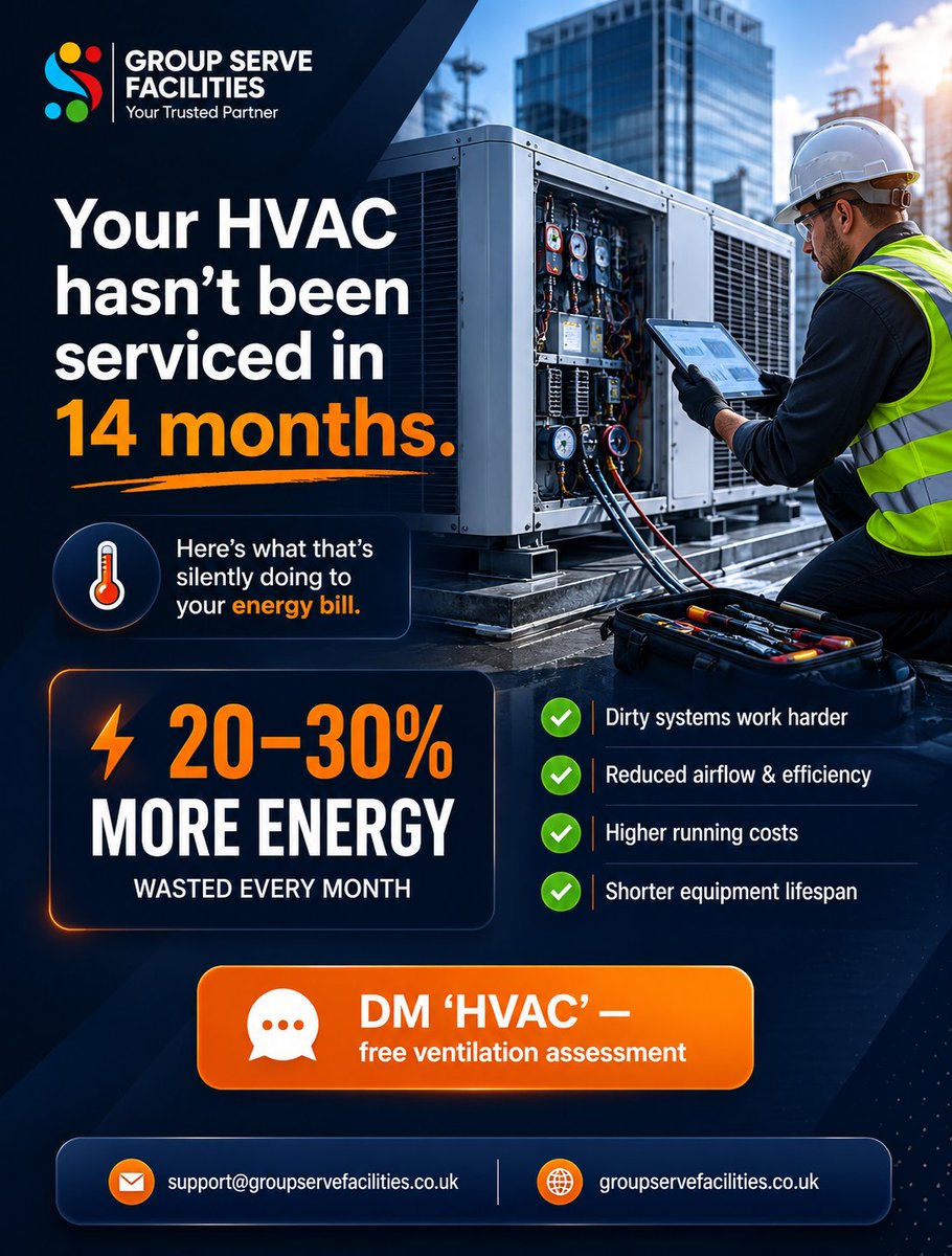 groupservefm's tweet photo. Unserviced HVAC systems can waste 20–30% more energy. ⚠️

That’s thousands lost every year in avoidable costs.

DM “HVAC” for a free ventilation assessment.

#HVAC #EnergyEfficiency #FacilitiesManagement #HVACMaintenance #BuildingServices https://t.co/28VxTlzHVc