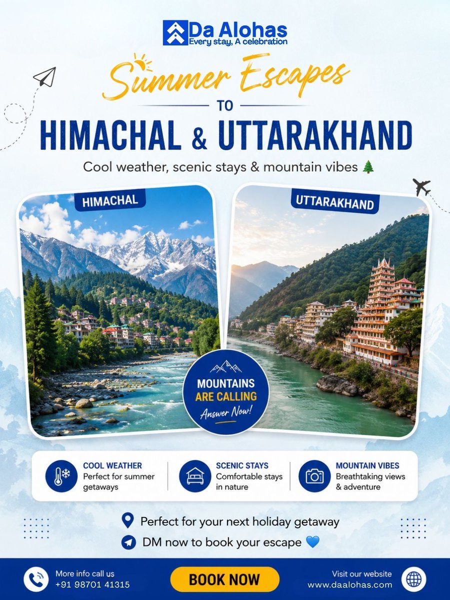 DaAlohas's tweet photo. 🏔️ Summer escapes are calling ✨
Cool weather, scenic stays &amp; peaceful mountain vibes await you in Himachal &amp; Uttarakhand 🌲💙
📞 Book Now: +91 98701 41315
🌐 https://t.co/D8MBvI9kNR
📩 DM us today &amp; plan your perfect mountain escape!
#DaAlohas #MountainGetaway #HimachalDiaries https://t.co/MHutnu3qdB