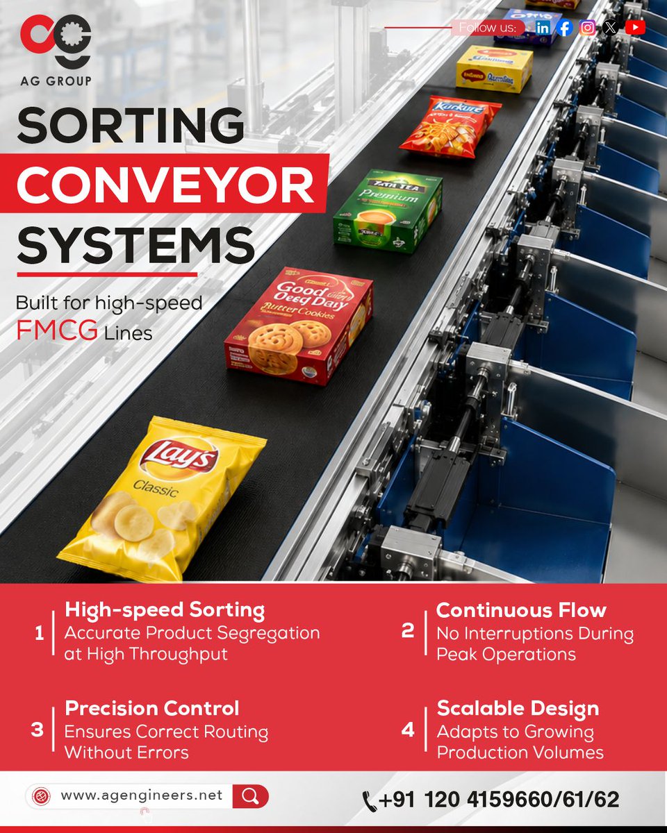 AGGroup542745's tweet photo. Speed matters in FMCG operations. 
AG Group’s Sorting Conveyor Systems deliver high-speed handling, accurate segregation, and uninterrupted product flow for growing production lines. Built for precision. Designed for efficiency.
#FMCG #Automation #AGGroup https://t.co/fKN82b64Ma