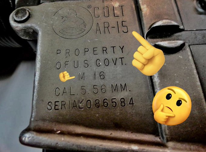 IndyAntifa's tweet photo. @OperatorMitch @t_rev_c It literally says "Colt AR-15" on the side, right above "M16," ret ard.

So it is absolutely positive you are the re tard. https://t.co/dobL0sX7By