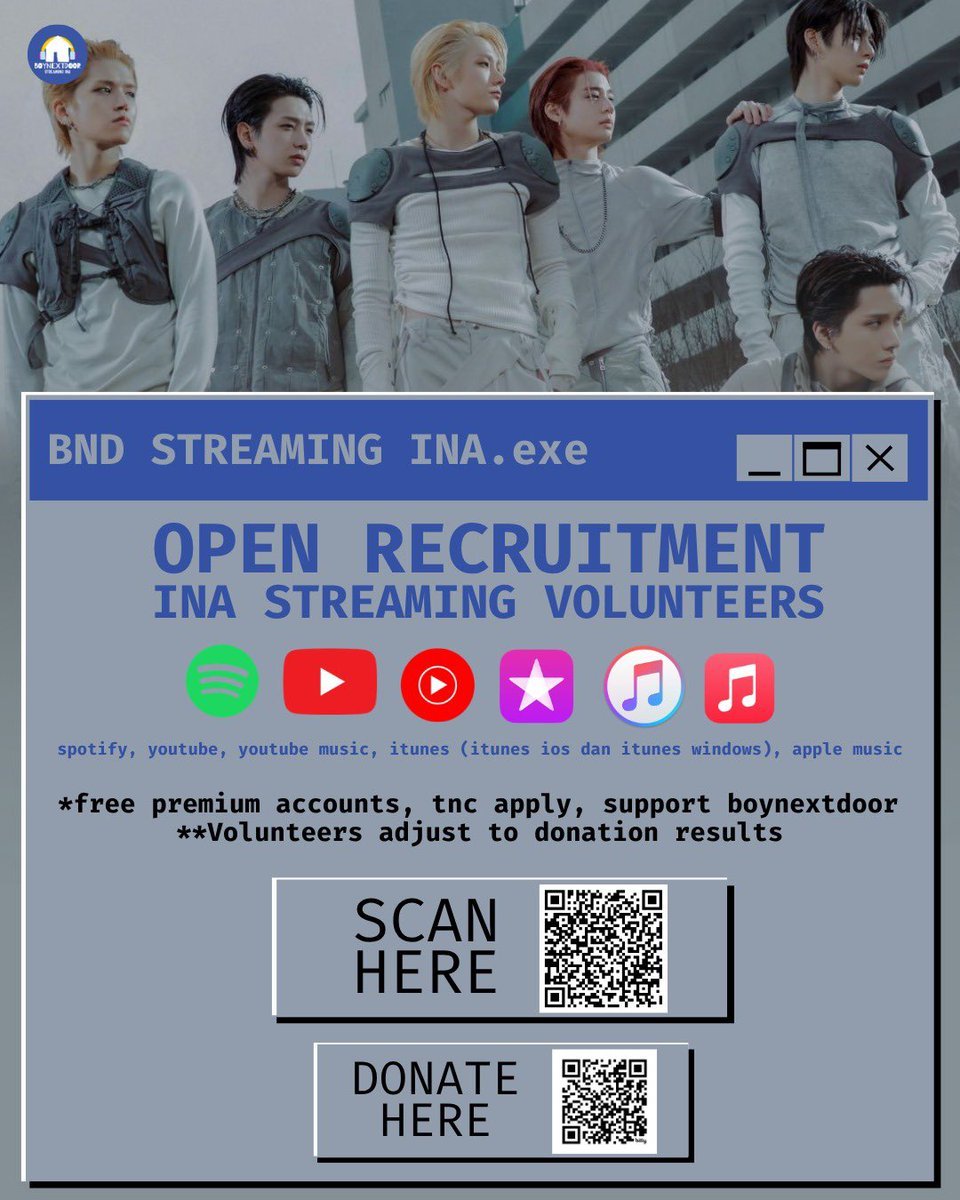 BonedoStreaming's tweet photo. STREAMING VOLUNTEERS
🎧 OPEN RECRUITMENT 🎧

Calling all 🇮🇩 ONEDOOR!
Apply here: https://t.co/bwkPi61tuE

BND coming at your door
#BOYNEXTDOOR #HOME 
#BSIEvents https://t.co/6pIbYwsGgX