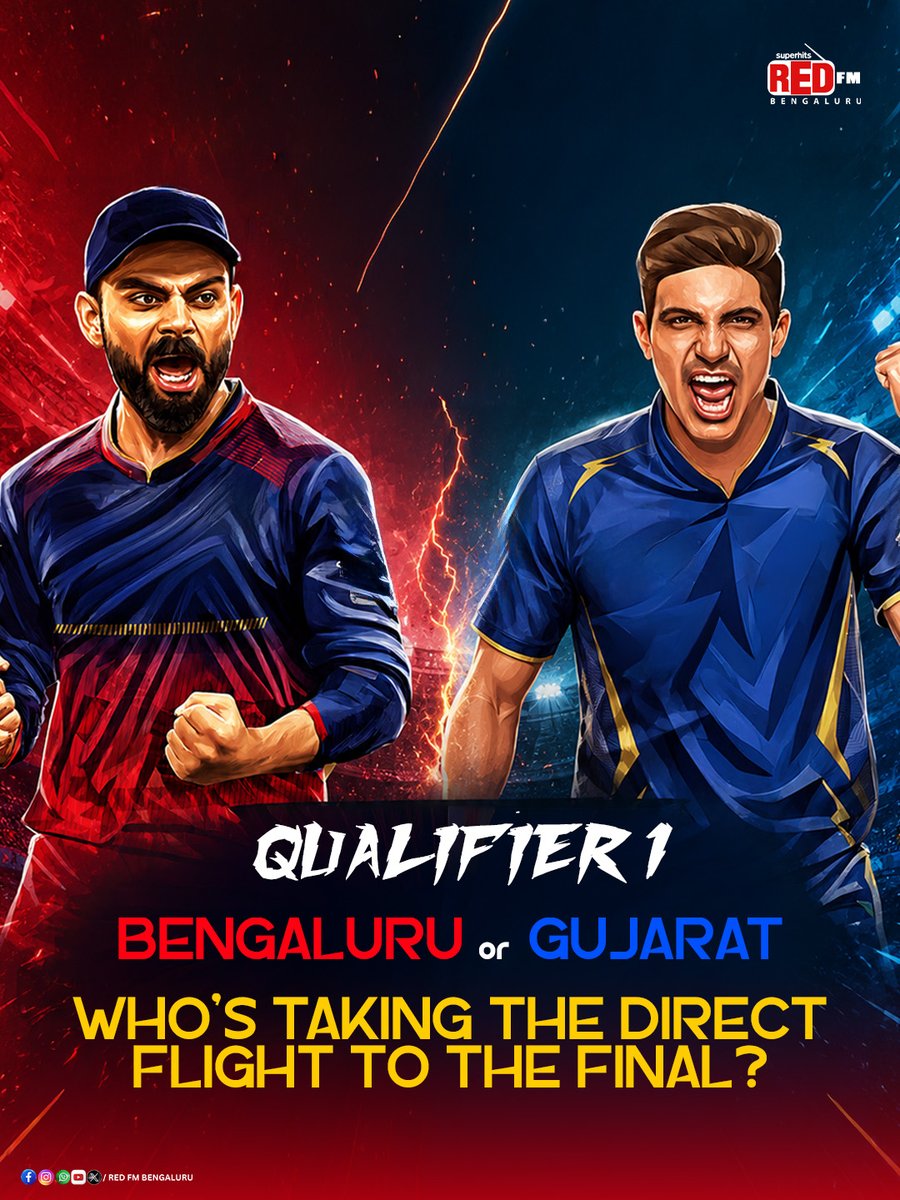 Redfmbengaluru's tweet photo. One match away from the FINAL! 

Who’s booking their spot in the IPL Final through Qualifier 1?

Drop your winner in the comments. 
Bengaluru or Gujarat

#qualifier1 #bengaluruvsgujarat  #IPL  #redfmbengaluru https://t.co/jZ9vRe4kdy