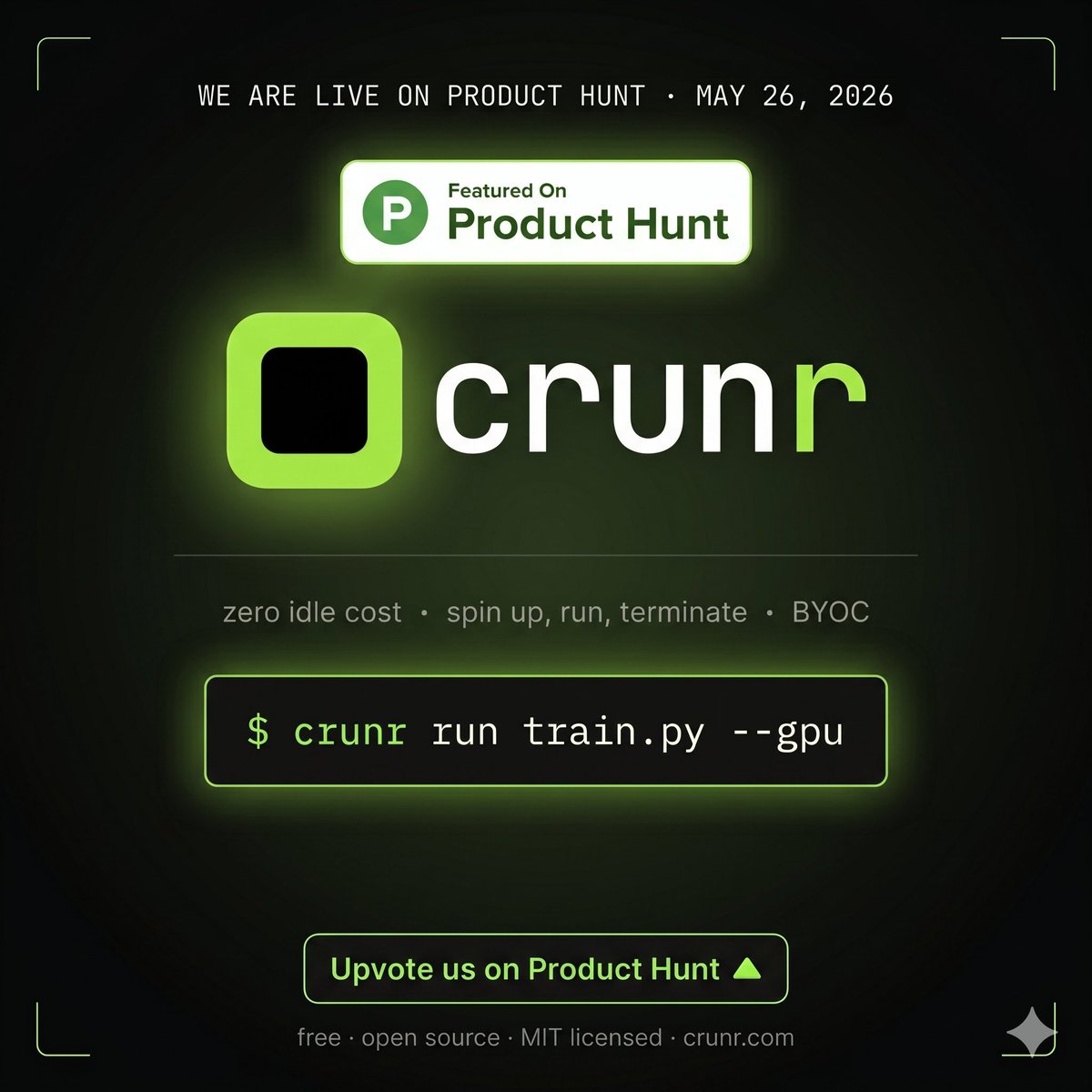 crunrdotcom's tweet photo. Most GPU costs don’t come from compute.
They come from everything around it.
$ crunr run https://t.co/LK23puux4I --gpu

No idle cost.
No infra headaches.
No 3am failures.

Free &amp; open source.
We’re live on Product Hunt 🚀

Link: https://t.co/3iXBTzfgFb
Would love your support ❤️ https://t.co/kX96eDwEYg