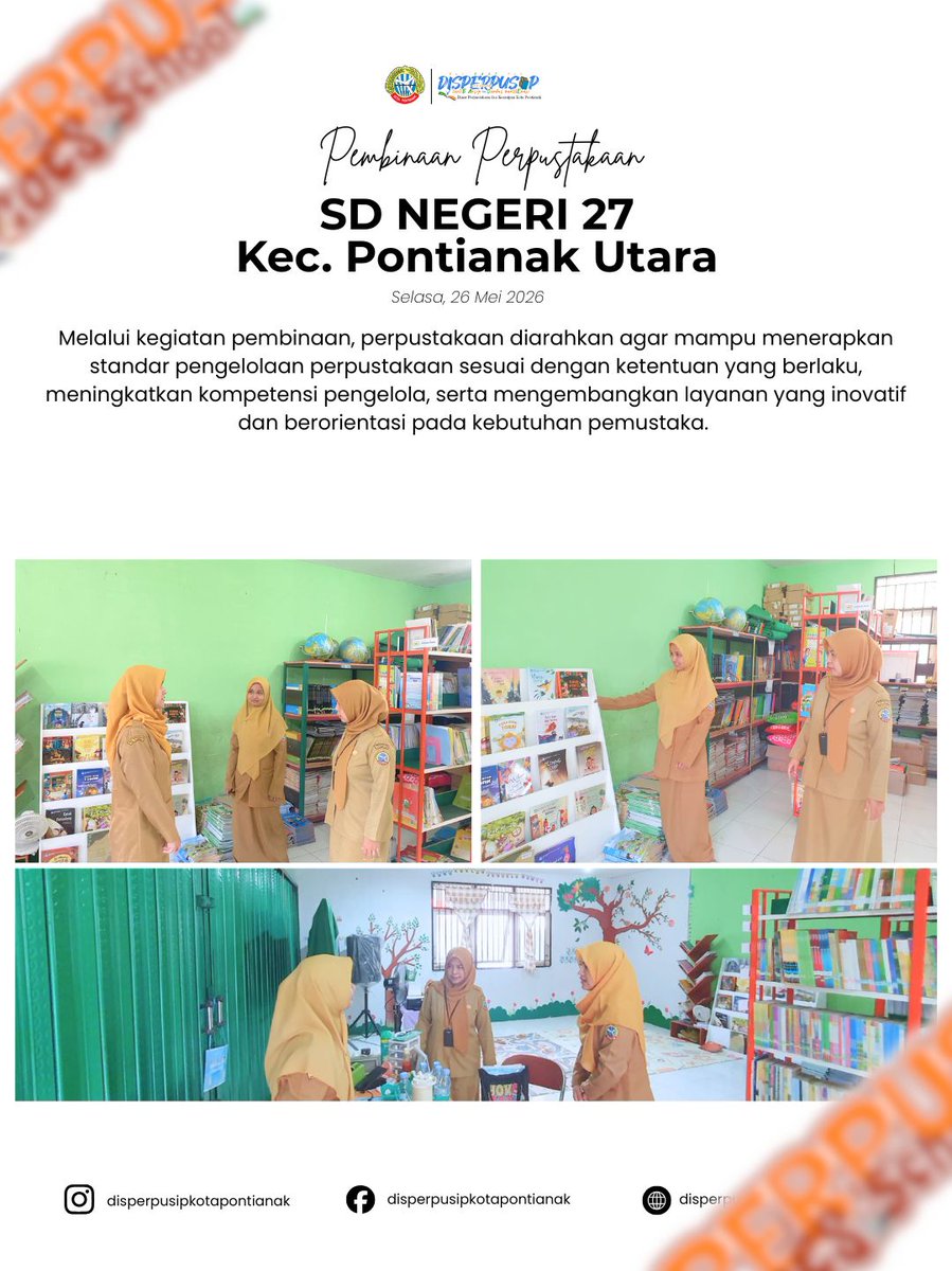 perpusponti's tweet photo. Selasa, 26 Mei 2026
Pembinaan Perpustakaan SDN 27 Pontianak Utara

#Perpuskota
#disperpusipkotapontianak
#yokbaceyok
#CerdasberlitErasi
#banggamelayanibangsa
Tiktok: disperpusipkotapontianak
YouTube: disperpusip Pontianak
Twitter: perpustakaanptk https://t.co/0Qna7w9fs9