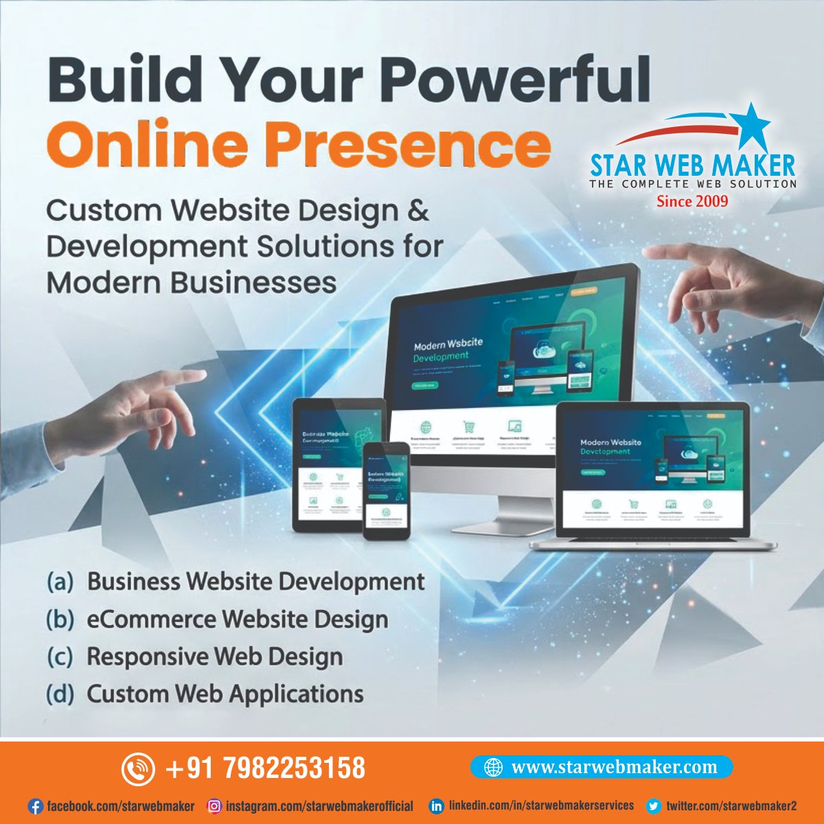 StarWebMaker2's tweet photo. Turn Your Ideas Into a Powerful Website! 🌐
Your website is the face of your business in the digital world.
At Star Web Maker, we create modern, responsive, and user-friendly websites that help your business grow online. 💻✨
📞 +91 7982253158
🌐 https://t.co/MoWg1hOBuT
#Website https://t.co/7peHrmyo9k