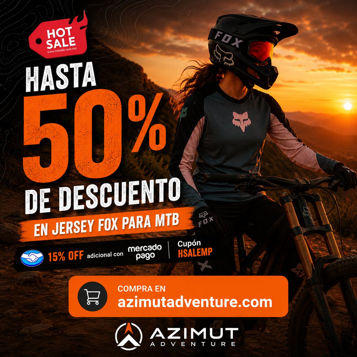 AzimutAdventure's tweet photo. 🦊 Hot Sale + Fox Racing = el combo que esperabas
Hasta 50% OFF en jerseys MTB + 15% adicional con Mercado Pago usando el cupón HSALEMP
Gear que aguanta lo que el trail te ponga enfrente 🔥
https://t.co/DHJ7k0Ib4p — 
#HotSale2026 #FoxRacing #MTBMexico https://t.co/BWtdqzLprV