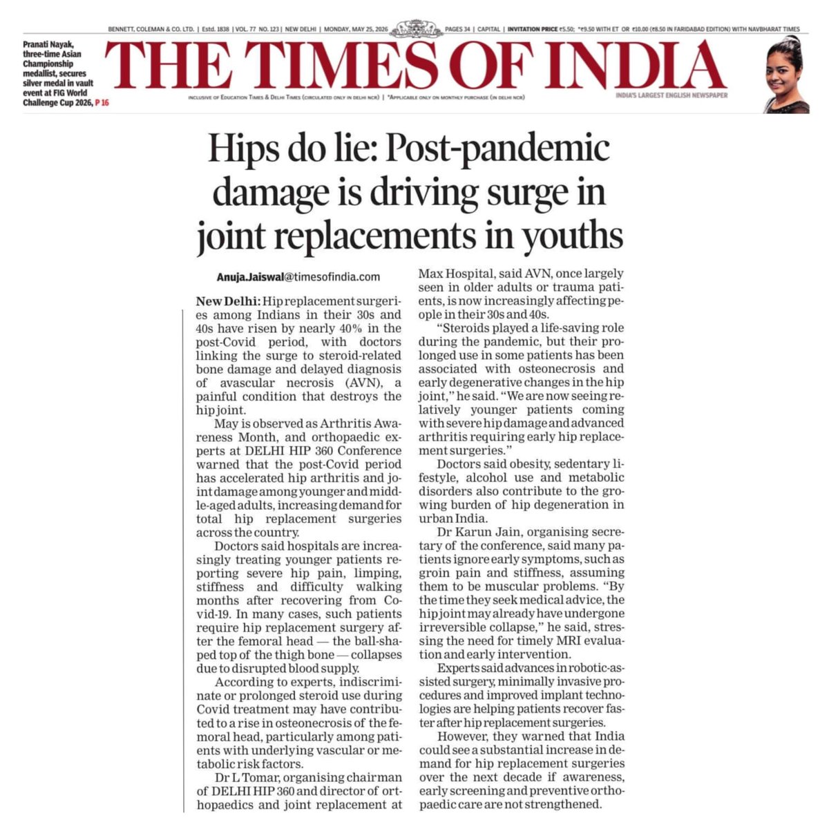 DrLTomar's tweet photo. A recent Times of India report highlights a worrying rise in hip replacement surgeries among younger adults post-pandemic.

Persistent hip pain, stiffness, or limping should never be ignored — early diagnosis can help prevent severe joint damage.

#HipReplacement #AVN #HipPain https://t.co/aDdAQPhkvg