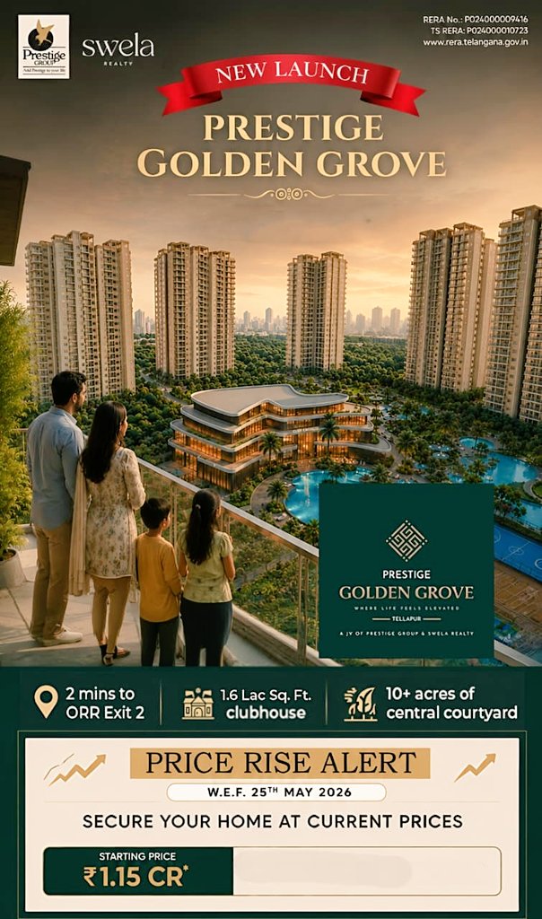 DailyFood2126's tweet photo. Looking to buy a premium apartment in West Hyderabad?

I'm regularly visiting projects, interacting with buyers.

DM me for project details, site visits, and honest real-estate insights.
#PrestigeGoldenGrove #Tellapur #HyderabadRealEstate #LuxuryApartments #WestHyderabad https://t.co/z8iiZFmwnk