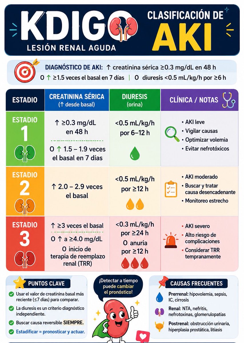 AlejandroCeGa's tweet photo. Lesión Renal Aguda (AKI)

Clasificación de KDIGO

#ENARM #ENARM2026 #NEFROLOGIA #NEFRO #LESIONRENALAGUDA #AKI #KDIGO https://t.co/hBFP0Wq8Jm