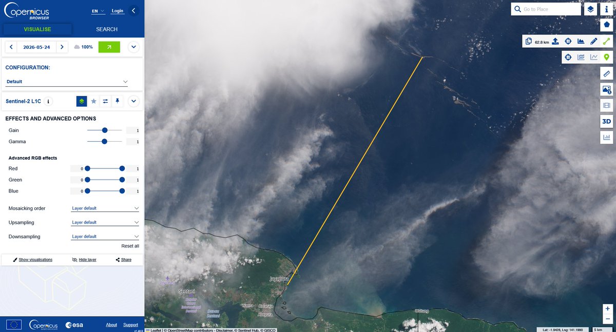 CaoMeow's tweet photo. @geoign They have reached a point 70 km north of the Jayapura at May 24th. About 770 km from the volcano. https://t.co/cReoRyR9a9