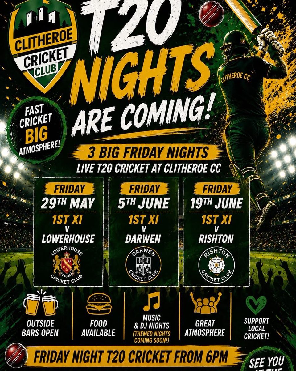Clitheroe_CC's tweet photo. T20 cricket is back!! See you Friday at Chatburn Road! 🏏🍻🍔 https://t.co/7XJ1otsekS