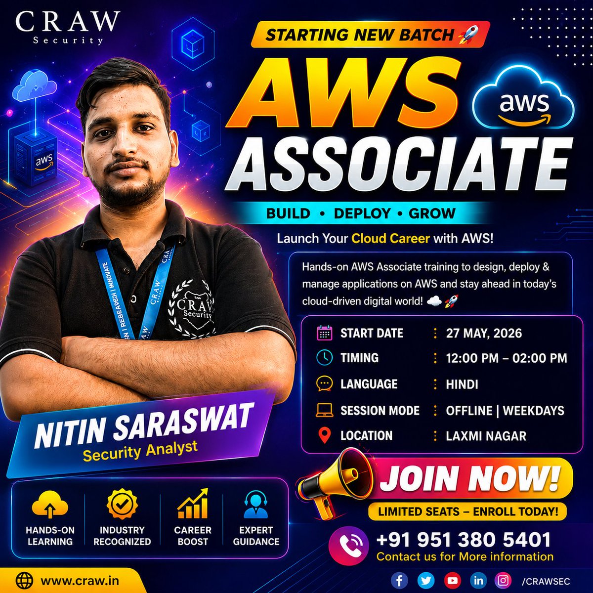 crawsec's tweet photo. 🚀 Start Your Cloud Journey with AWS Associate at Craw Security! ☁️
Hands-on training | Offline Weekday Batch | Hindi Language
📅 Starts: 27 May 2026
⏰ 12 PM – 2 PM
📍 Laxmi Nagar
📞 +91 9513805401
🌐 https://t.co/R4zvT1DOfh
#AWS #AWSAssociate #CloudComputing #AWSTraining https://t.co/G1YlSHkpWj