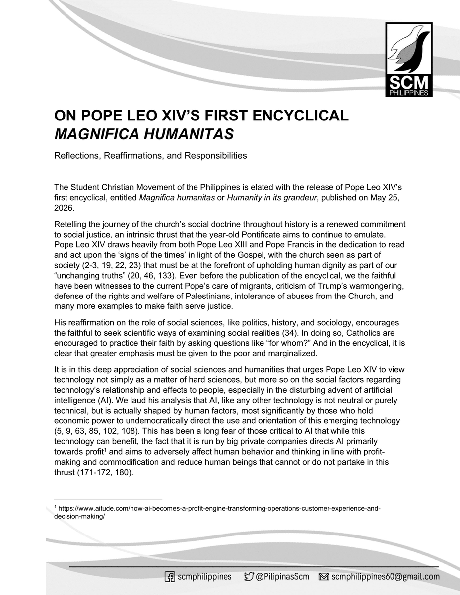 SCMPhilippines's tweet photo. 1/2
ON POPE LEO XIV’S FIRST ENCYCLICAL MAGNIFICA HUMANITAS
Reflections, Reaffirmations, and Responsibilities

#MagnificaHumanitas 
#PopeLeoXIV 
#Encyclical https://t.co/I4FIeTa5ib