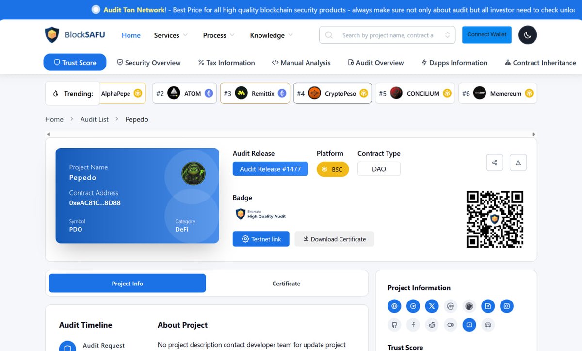 BlockSAFUAudit's tweet photo. Congratulations  for Pepedo @pepedoofficial  completing the audit process with BlockSAFU

Audit : https://t.co/cwj7leBpbl

#Audit #BlockSAFU #BlockSAFUAudit #SmartContractAudit https://t.co/ITSvLY9Iso