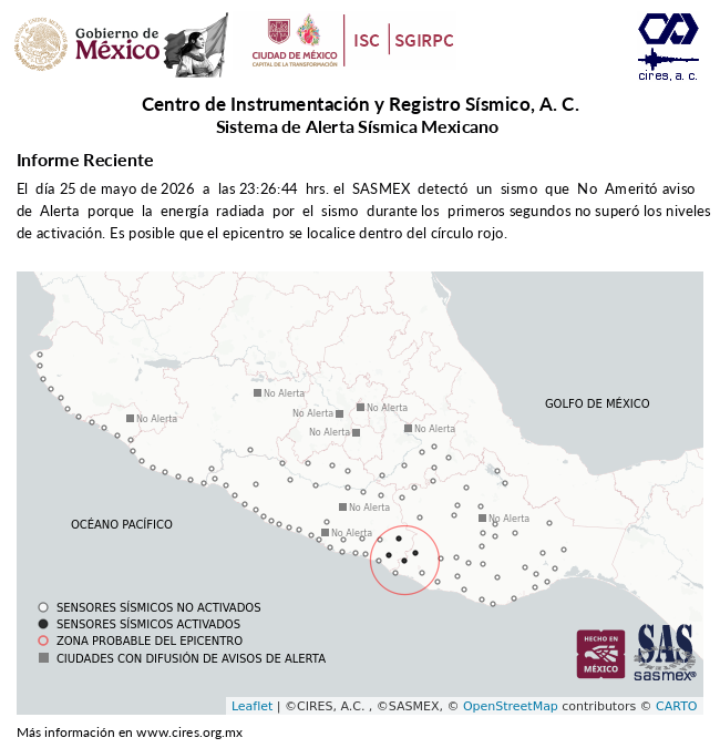 SASMEX's tweet photo. Informe preliminar del #Sismo detectado el 25-may-26 a las 23:26:44 hrs. #TenemosSismo #LaPrevenciónEsNuestraFuerza https://t.co/lE6IYhahDA