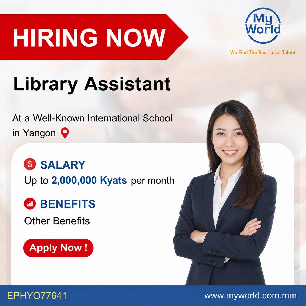 MyWorld_Myanmar's tweet photo. Hiring in #Yangon 
Position - ​​​​​​​​​​#LibraryAssistant a Well-Known International School in Yangon
Salary - 2,000,000 Ks 
#Job Link - https://t.co/5FMiayDYtj
Email - support@myworld-careers.com 
 
#vacancies #jobs #jobopportunity https://t.co/lMJMC5gwvG