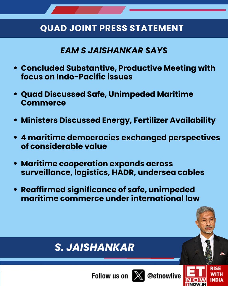 ETNOWlive's tweet photo. EAM Jaishankar calls QUAD meet "substantive and productive," reaffirming zero tolerance for terrorism and a free, open Indo-Pacific
#QUAD #Jaishankar #IndoPacific #MaritimeSecurity #QUADMeet @MEAIndia @DrSJaishankar https://t.co/sGfnud7YKZ