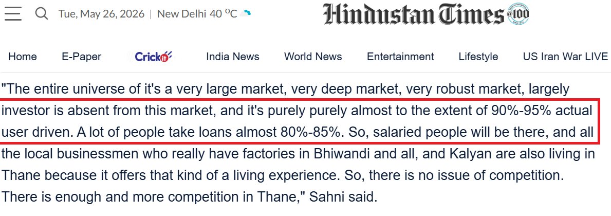 VishalBhargava5's tweet photo. Raymond Realty: 90-95% of homes in Thane sold to end-users. Investors absent from market. 
Thane is the best case study in how real estate should be done across India. Large Builders, gated communities, affordable prices, healthy-maintenance. No wonder its always steady. https://t.co/pXtrVj6sUV