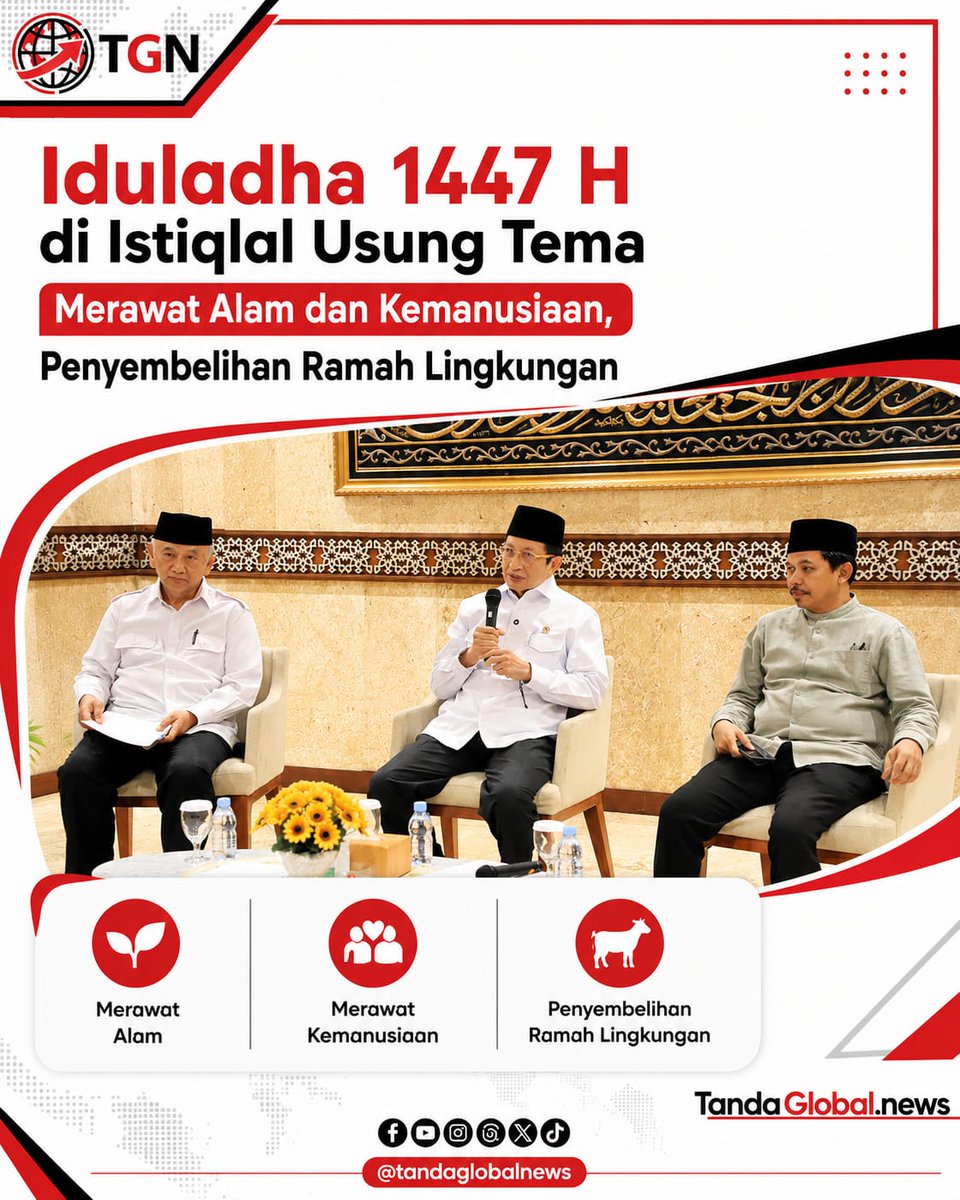 tandaglobalnews's tweet photo. Menag Nasaruddin Umar bilang, semua proses penyembelihan dijamin bersih dan aman buat lingkungan. Enggak ada sama sekali limbah yang bikin sungai kotor. #Tandaglobalnews #Iduladha1447H #MasjidIstiqlal #KurbanRamahLingkungan #NasaruddinUmar https://t.co/fQ7GfECH2q