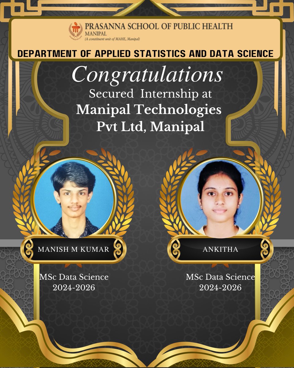 psph_mahe's tweet photo. Congratulations to our students from the DASDS, PSPH, MAHE, Manipal, on securing internship opportunities at Manipal Technologies Pvt Ltd, Manipal.
#StudentAchievement #InternshipSuccess #DataScience #Biostatistics #AppliedStatistics #HealthcareAnalytics #PSPH #MAHE https://t.co/8CZpNAy46F