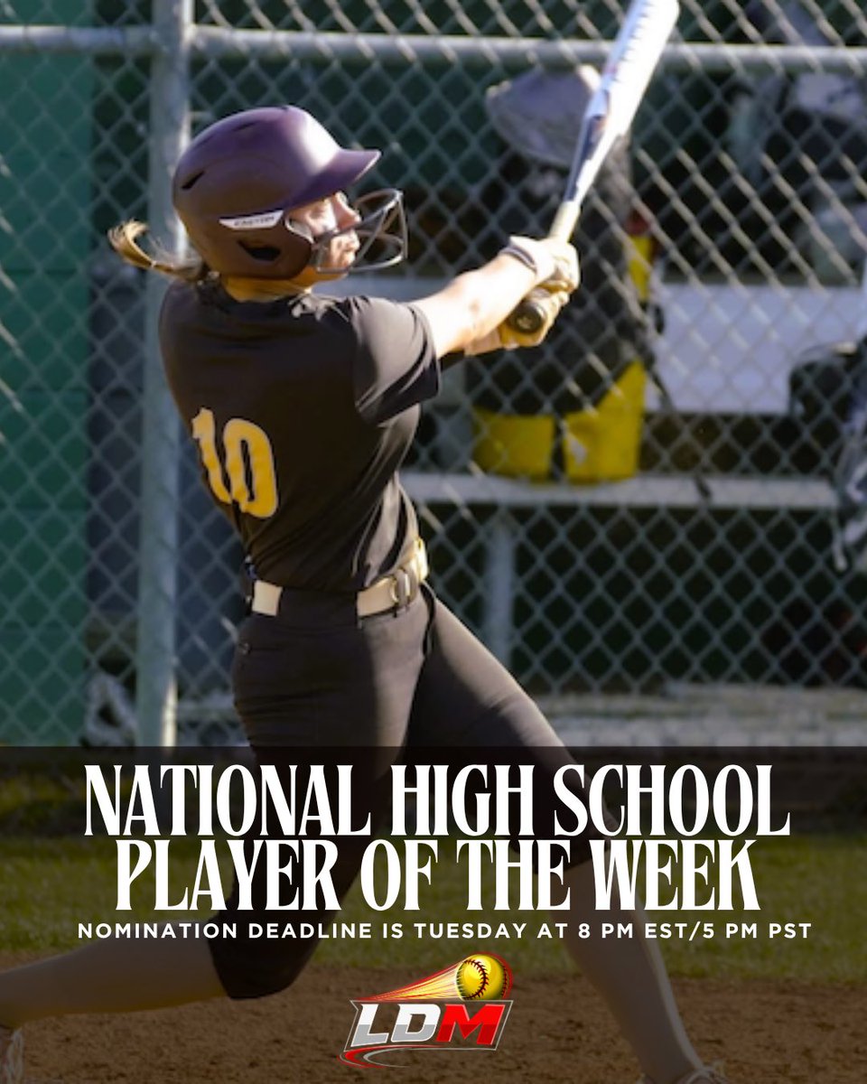 LineDsoftball's tweet photo. Remember ⏰ | Nomination Deadline for National High School Player of the Week Is Tuesday at 8 pm EST/5 pm PST🤩💪 Link below to learn more about nominating!⬇️

🔗: https://t.co/Y3Z0vcDrta

#LineDriveMedia #nationalhighschoolplayeroftheweek #nominationdeadline #remember https://t.co/rKIHA0TGki