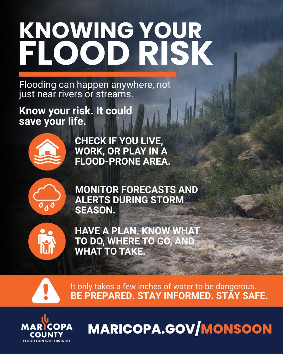 maricopaflood's tweet photo. Flooding can happen almost anywhere during the monsoon season. 🌧️
Know your:
📍 Flood risk
🛣️ Evacuation routes
📲 Emergency alerts
Check to see if you are in a floodplain at https://t.co/sKpq5AVp3S
#FloodSafety #MonsoonAwarenessWeek #azwx https://t.co/e8N57ucMrY
