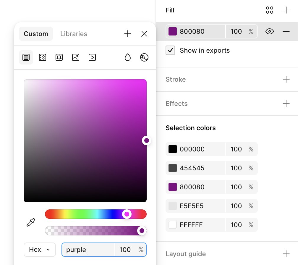 dariusdan's tweet photo. Figma tip: type a color name like “tomato” or “coral” directly in the Hex field and it’ll select that color.

Been using Figma for years and just found this out. 😅 https://t.co/ShGZPYGihA