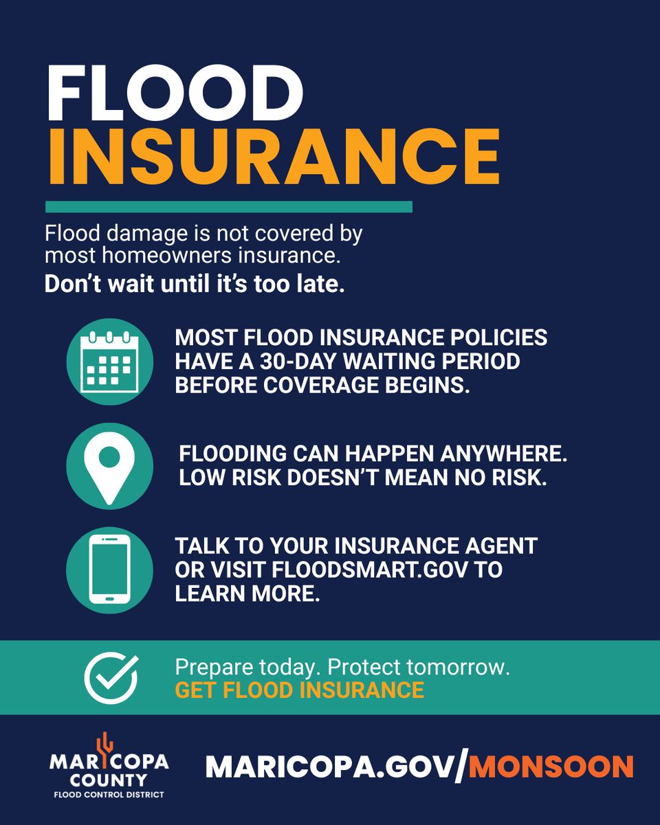 maricopaflood's tweet photo. Most homeowners' insurance does NOT cover flood damage. 🌊
And most flood insurance policies take 30 days before coverage begins.
Prepare today.
Learn more by speaking with your insurance provider or visiting https://t.co/y2XXAqgjRC.
#FloodInsurance #MonsoonAwarenessWeek https://t.co/TUAxGiDTgt