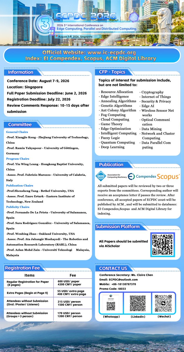 AiScholar01's tweet photo. The 2026 3rd International Conference on Edge Computing, Parallel and Distributed Computing (ECPDC 2026) will be held on August 7-9, 2026 in Singapore.

Learn more: https://t.co/97FoGVooXh

#ECPDC2026 #EdgeComputing #ParallelComputing #DistributedComputing #CloudComputing https://t.co/g3DdLqspJU