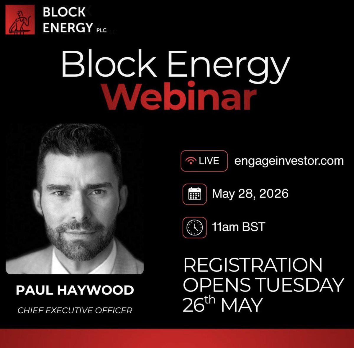 BlockEnergyplc's tweet photo. 📆 #BLOE is pleased to announce that CEO Paul Haywood will host a live webinar this week. 

The webinar will provide shareholders with an update on Block’s strategy, operations and upcoming milestones, followed by a Q&amp;A session.

Registration opens TODAY 👀 https://t.co/prMuPt1GUU