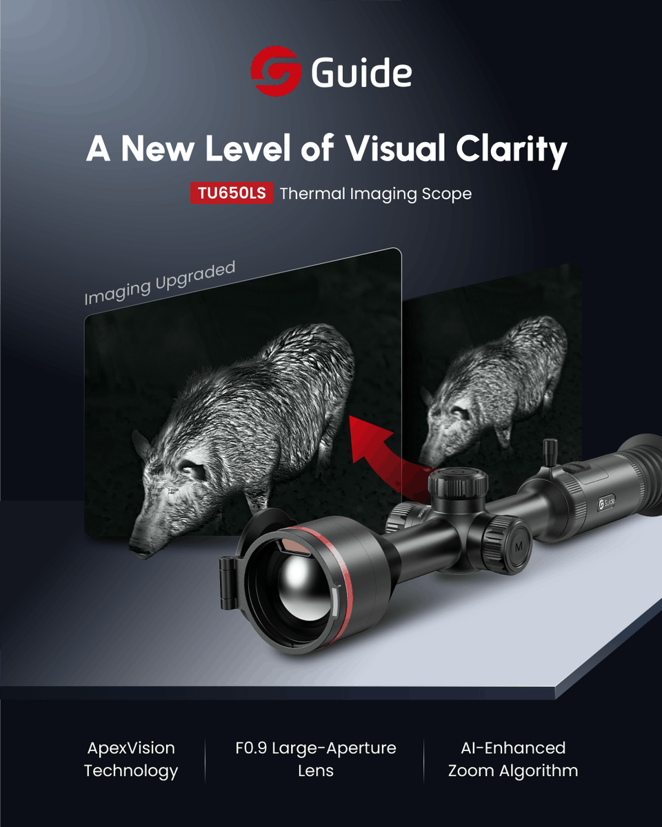 Guide__outdoor's tweet photo. 🦌 Clarity matters when every decision counts.

TU650LS with ApexVision delivers sharper detail, cleaner thermal images, and more confidence at distance.

🎯 ApexVision
🌙 F0.9 Lens
🔍 AI-Enhanced Zoom
TU650LS
AI-Powered Every Pixel
#GuideOutdoor #TU650LS #ThermalScope #Hunting https://t.co/wMopRvF7X0