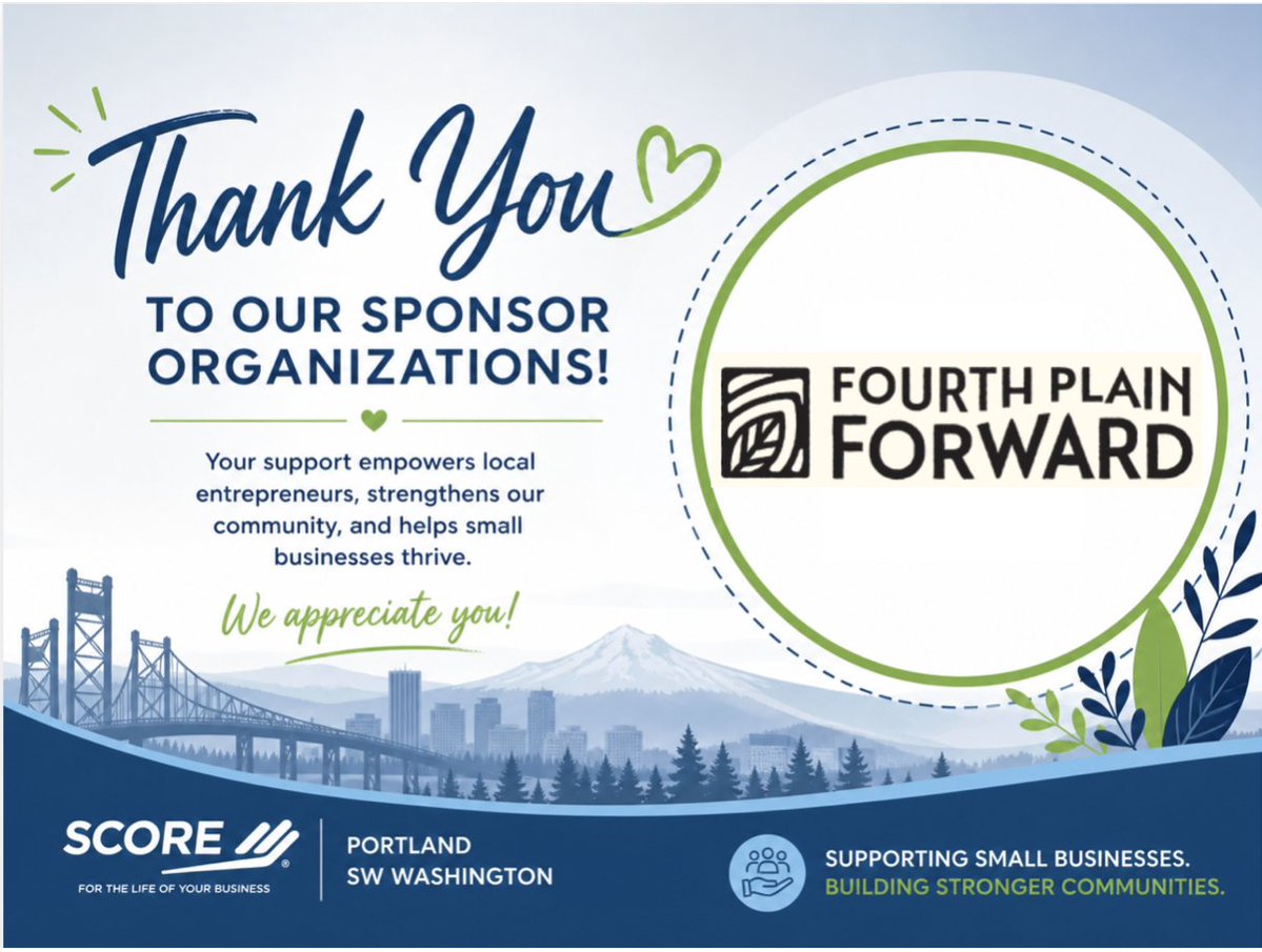 scorepdx's tweet photo. SCORE Portland SW Washington is grateful for the generous support from Fourth Plain Forward. https://t.co/9KZf8vVAvA