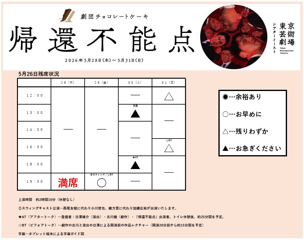 🎫『帰還不能点』@東京 残席状況🎫 ○事前決済・座席選択可 東京芸術