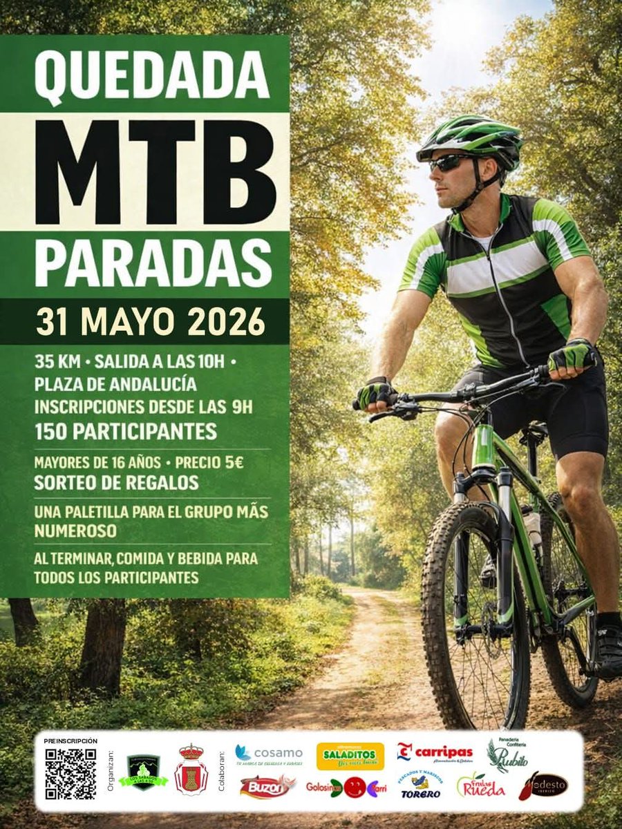 Aytoparadas's tweet photo. Quedada MTB Paradas 2026 Prepara tu bici y ven a disfrutar de una jornada de deporte, naturaleza y buen ambiente.
​🗓 ¿Cuándo?: Domingo 31 de mayo.
📍 Salida: Plaza de Andalucía.
⏰ Horario: Inscripciones a partir de las 9:00 h. | Salida oficial a las 10:00 h.
🛣 Ruta: 35 Km. https://t.co/MLnTe0P6Rx