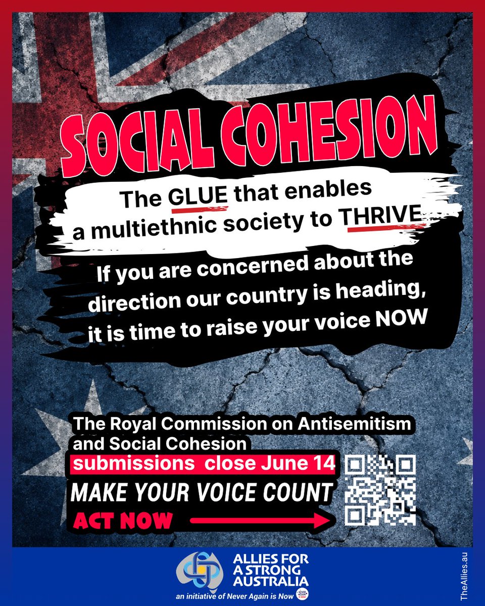 alliesaus's tweet photo. If you are concerned about the direction our country is heading, it is time to raise your voice NOW.

The Royal Commission on Antisemitism and Social Cohesion submissions close June 14.

Link in bio, Linktree or visit: https://t.co/SW54jr0u6h
@MarkWRowley @markleach https://t.co/0K20NVeBwB