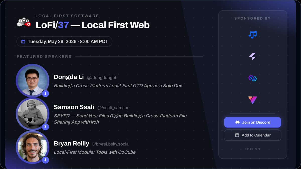 devYonz's tweet photo. 📣 Tune in for #LoFi/37 on Tuesday @ 8 AM PDT (May 26), for the stellar lineup below.
1️⃣ Dongda @dongdongbh: Creator of Mindwtr
2️⃣ Samson @ssali_samson : Building SEYFR with iroh
3️⃣ Bryan https://t.co/yKsZKYeoHp : Building CoCube

🧵 👇 https://t.co/BuhPFYgxbA