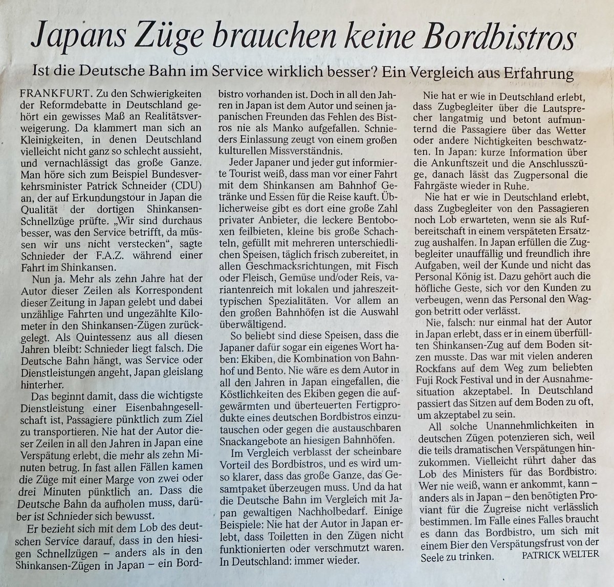 UDEWIGEO's tweet photo. Widerspruch in der FAZ v. 22.05.26 zum Bahn-Vergleich Deutschland - Japan auf Basis einer (wir meinen: zu kurz gedachten) Einschätzung des Verkehrsministers: es geht hier um Mobilitätskulturen, auch um Dienstleistungsmentalität, eingebettet in Verkehrsstrukturen @OliverinJapan https://t.co/nnA8dYIoOQ