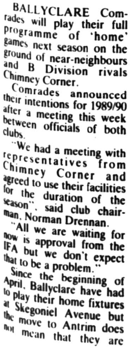 BclarComHistory's tweet photo. Piece in a local newspaper from 6th May 1989 about us playing our home games at Allen Park the following season as our club were preparing to have Dixon Park ready for us joining the Irish League for the start of the 1990/91 season https://t.co/fKLVstnvGa