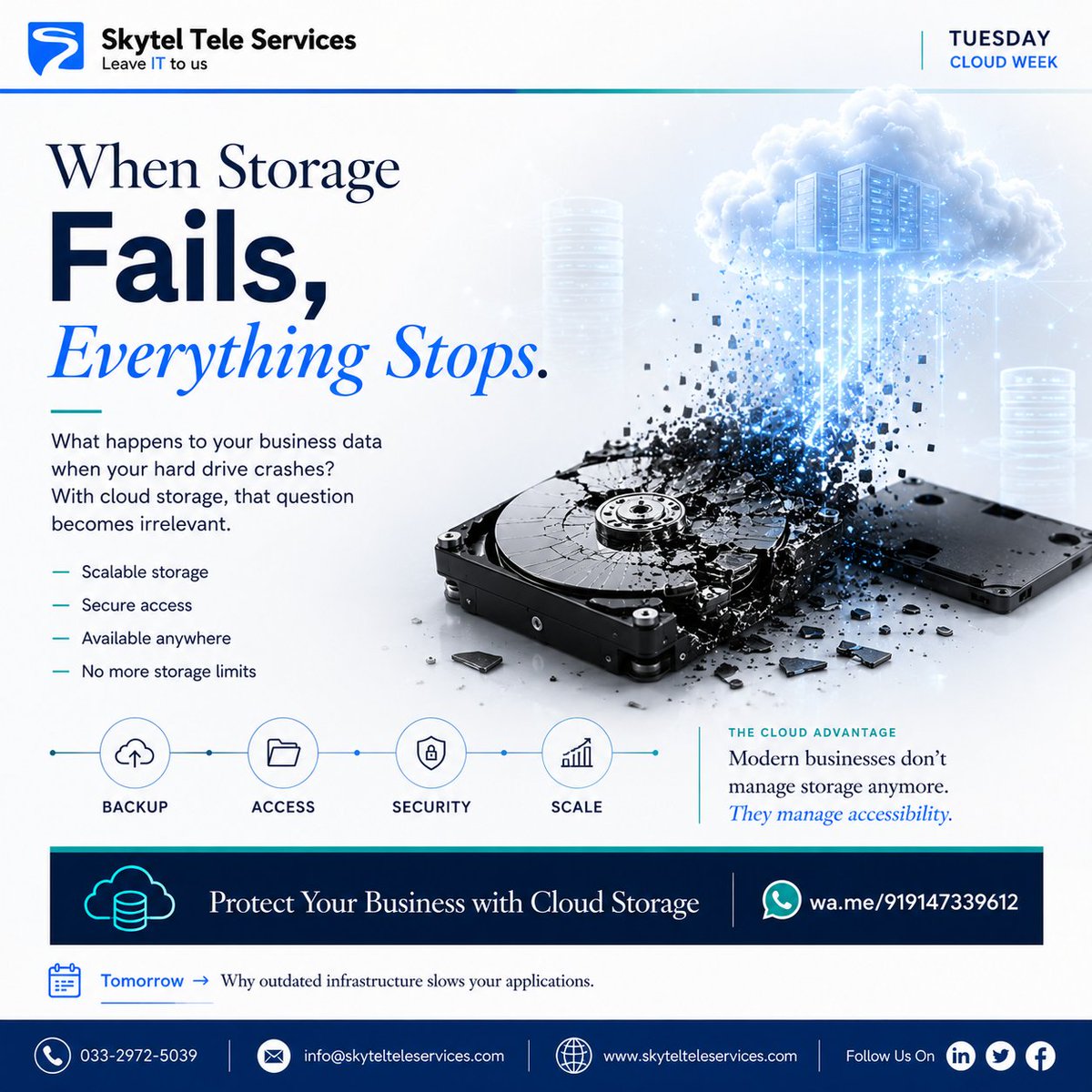 skytel_social's tweet photo. Your hard drive has one job.
And it will fail at it. Eventually.
Cloud storage doesn't. ☁️
Backup. Access. Security. Scale.
Leave IT to us. #CloudWeek #CloudStorage #SkytelTeleServices https://t.co/kgAfFaC5rp