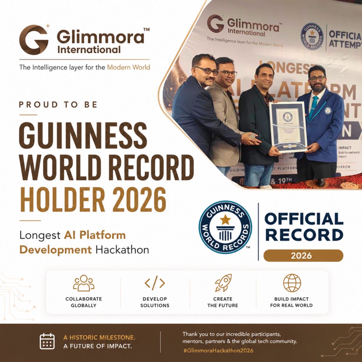 glimmora2026's tweet photo. 🏆 OFFICIALLY A WORLD RECORD HOLDER.

Glimmora International proudly celebrates its achievement in the Longest AI Platform Development Hackathon 2026.

A milestone powered by innovation, vision, and global collaboration. 🚀

#GlimmoraInternational #WorldRecord #AIHackathon https://t.co/TANkVxrrD3
