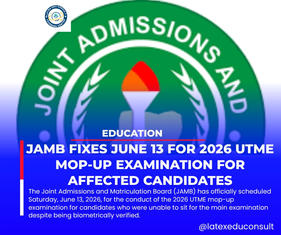 Latechupdate's tweet photo. 🔥UPDATE🔥

JAMB Fixes June 13 for 2026 UTME Mop-Up Examination for Affected Candidates

LATECH UPDATE
#jamb2026 #latexeduconsult #education @JAMBHQ @FabianB58246501 https://t.co/7gd2sfrdCS