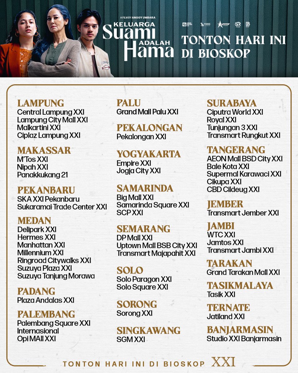 vmstudio_id's tweet photo. Kamu mau ketemu Damar &amp; Intan di bioskop mana hari ini? 😍

<<< Cek list bioskopnya di postingan ini, langsung amanin tiketnya sekarang ya!  

Film Keluarga Suami Adalah Hama
Diadaptasi dari film pendek karya Aditya Santana produksi Adsfort
Tonton di bioskop sekarang https://t.co/RgvPgDJBkE