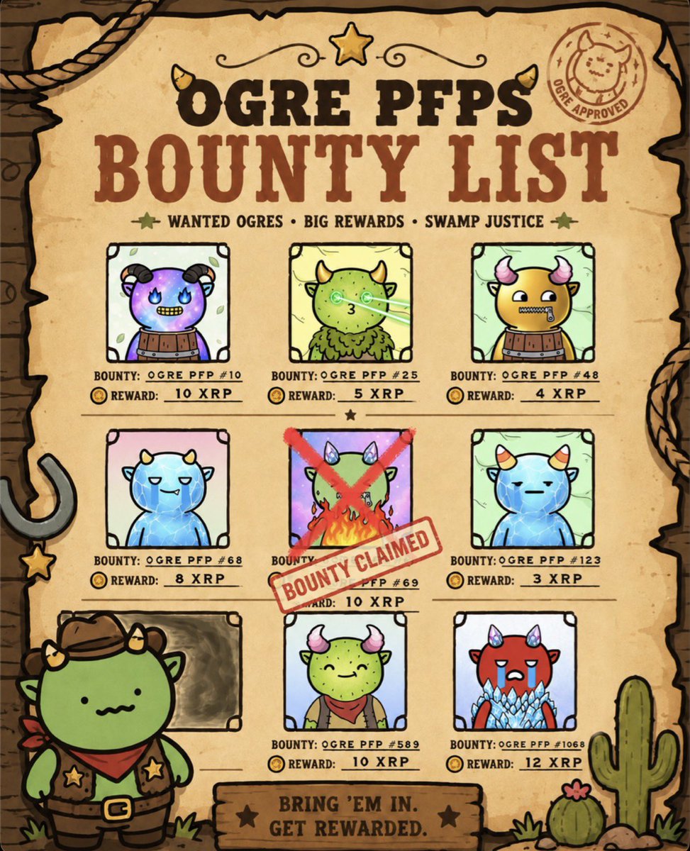 OgrePFPs's tweet photo. One Bounty has officially been Claimed!🤠

OGRE PFP #69 was brought in and the reward has been paid.💸

Winner: rUrGYEVHYNCfTdrjGamBc9e7zqkB8jUQH4

The hunt continues... more bounties are still live.⏳

Bring 'em in and get rewarded💰

OGRE PFP OFFICIAL LINKS:  
NFTS: https://t.co/6ByLuRYfnD
Website: https://t.co/rsaoRsglXX
Telegram: https://t.co/RNGxGiFEiT
Token CA: rnCHm7VHh5fK98JLXwuuwX1vkuqaiRA868 
X: https://t.co/lFDM1Db4Jw