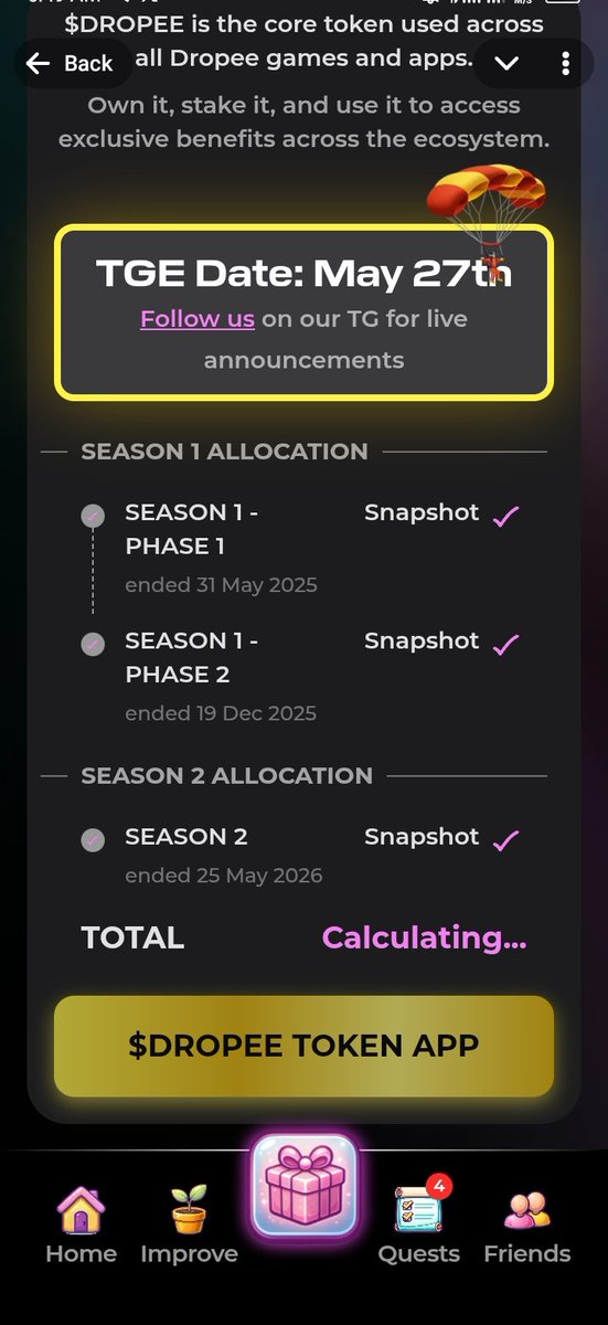 eizzy_yung's tweet photo. 🚀 After years of grinding on @dropee_app, the moment is finally here…
$DROPEE TGE is officially set for MAY 27 🎉
Snapshots are done, allocations are calculating, and the community is ready 👀
Who’s excited for launch day? 🔥 https://t.co/7oJqABml74